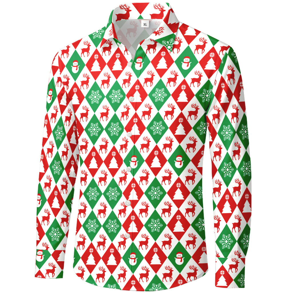 Christmas Argyle Button-Up Shirt | Reindeer & Snowflake Print
